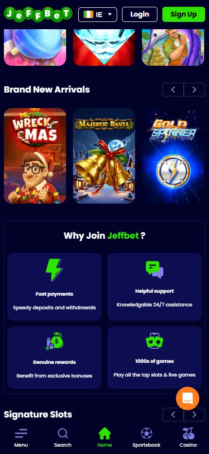 JeffBet Casino mobile lobby